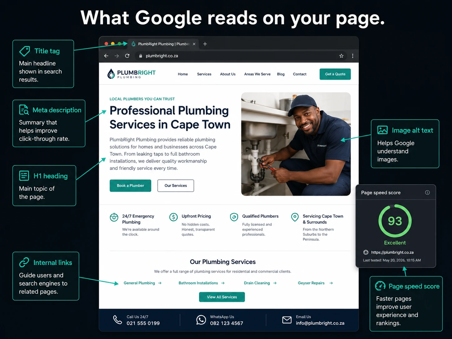 On-page SEO anatomy — title tag, meta description, H1, image alt text, internal links and page speed annotated on a South African business website